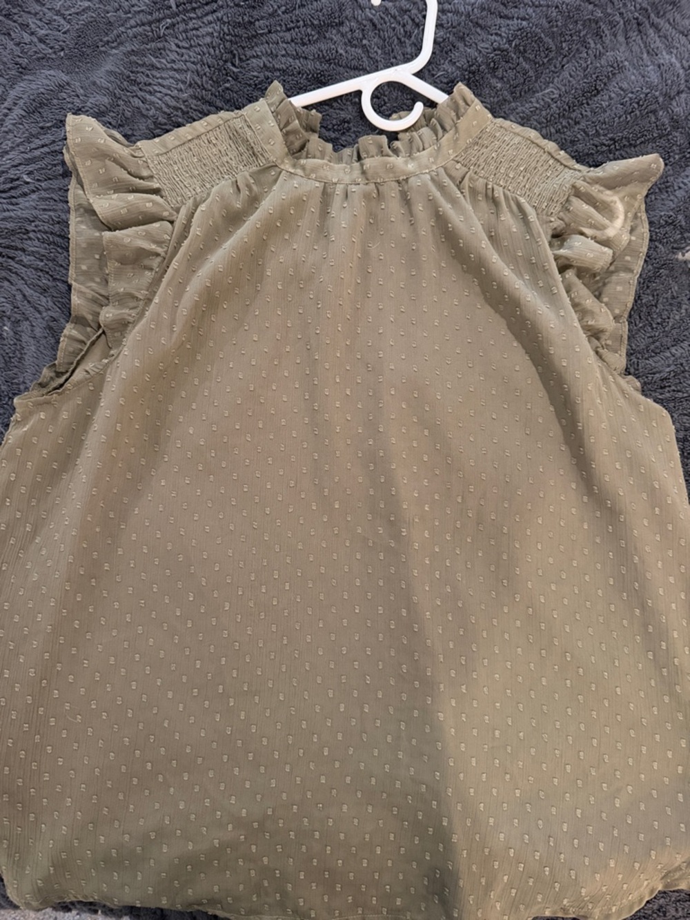 Sleeveless Swiss Dot Ruffle-Shoulder Blouse — Olive Green